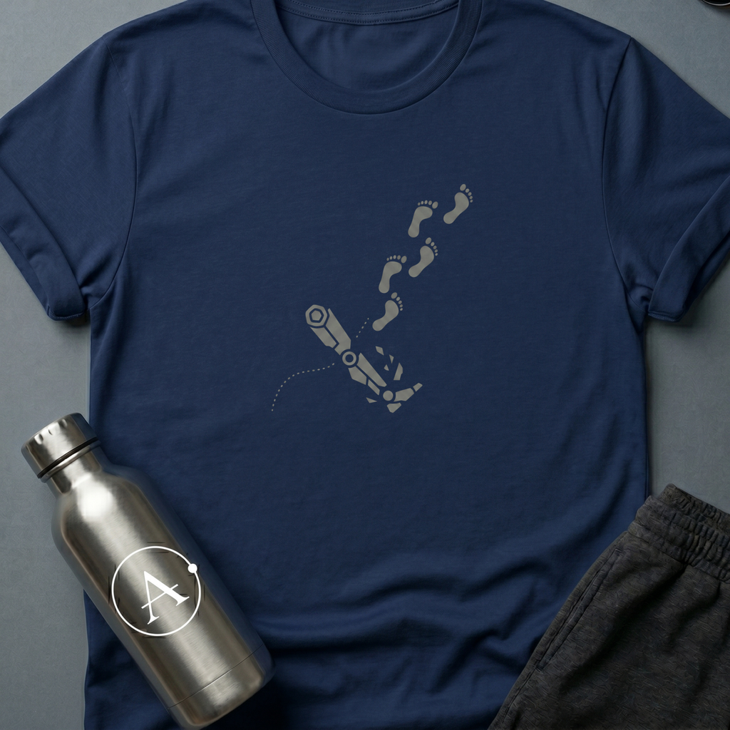 Walking on One Leg sci-fi t-shirt — a robot leg left behind, human footprints continuing on without it — Navy unisex tee — Apsion Outpost