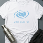 Always Somewhere Else sci-fi t-shirt — a galaxy spiral with two points connected at the far end of the map — White unisex tee — Apsion Outpost
