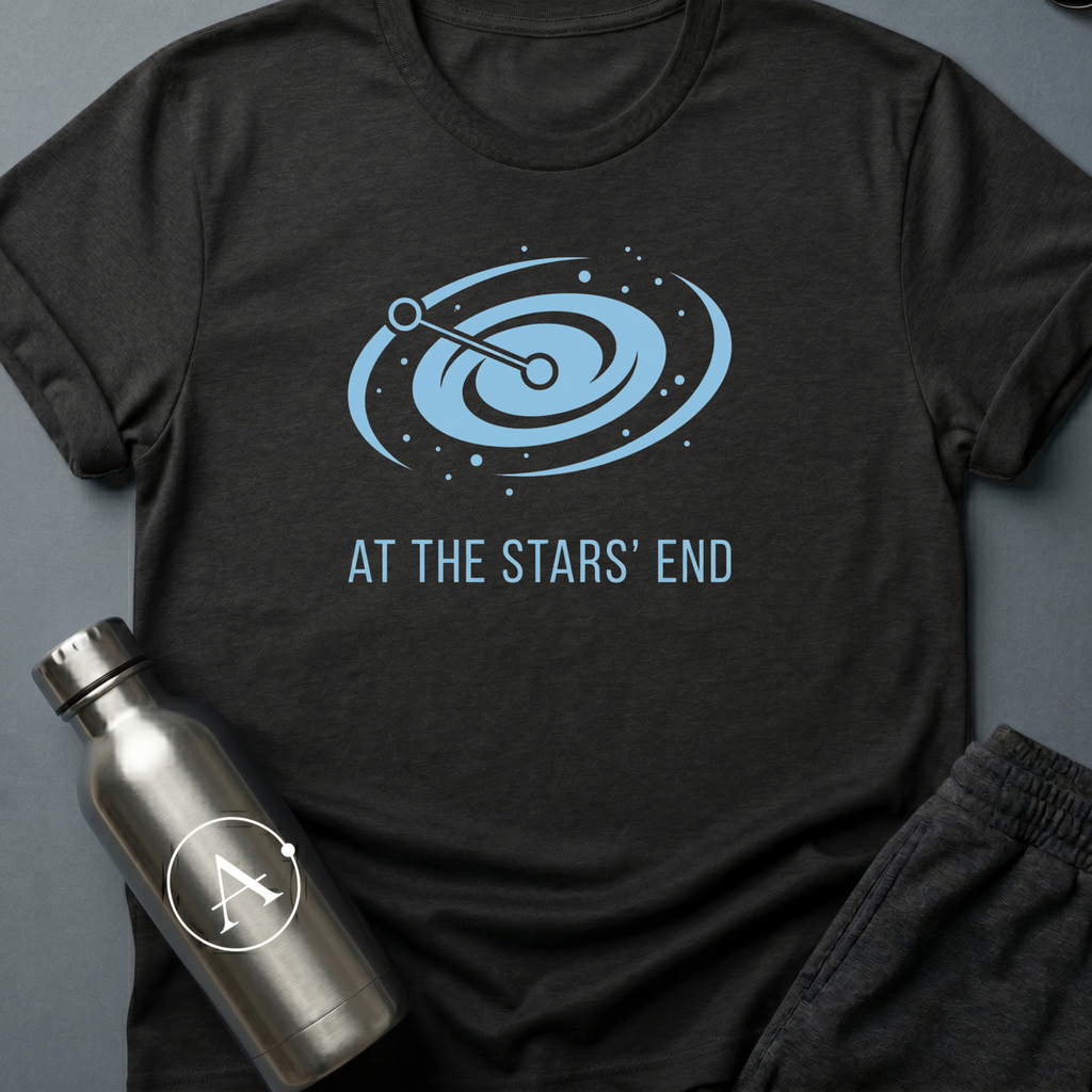 Always Somewhere Else sci-fi t-shirt — a galaxy spiral with two points connected at the far end of the map — Black unisex tee — Apsion Outpost