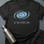 Always Somewhere Else sci-fi t-shirt — a galaxy spiral with two points connected at the far end of the map — Black unisex tee — Apsion Outpost