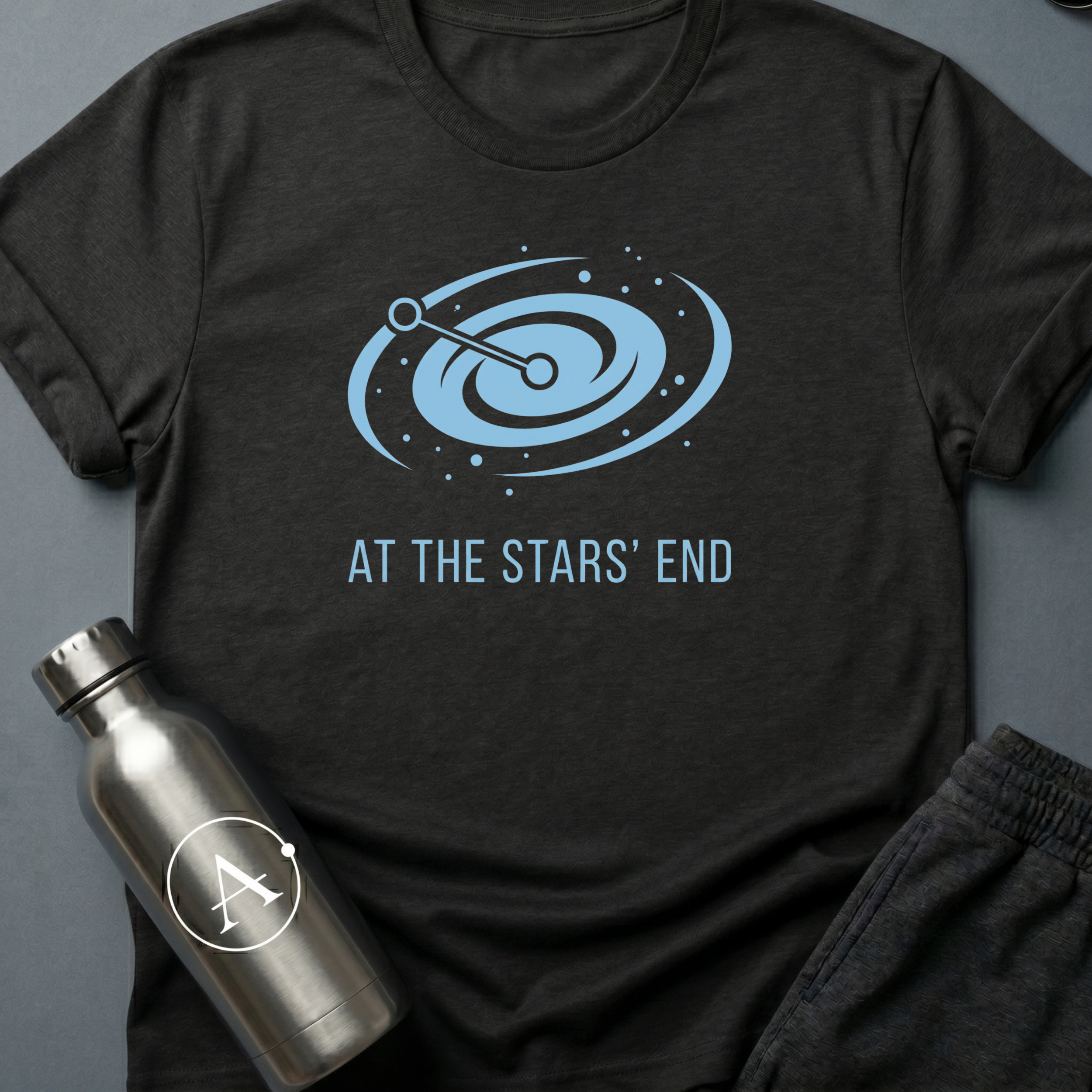 Always Somewhere Else sci-fi t-shirt — a galaxy spiral with two points connected at the far end of the map — Black unisex tee — Apsion Outpost