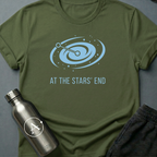 Always Somewhere Else sci-fi t-shirt — a galaxy spiral with two points connected at the far end of the map — Military Green unisex tee — Apsion Outpost