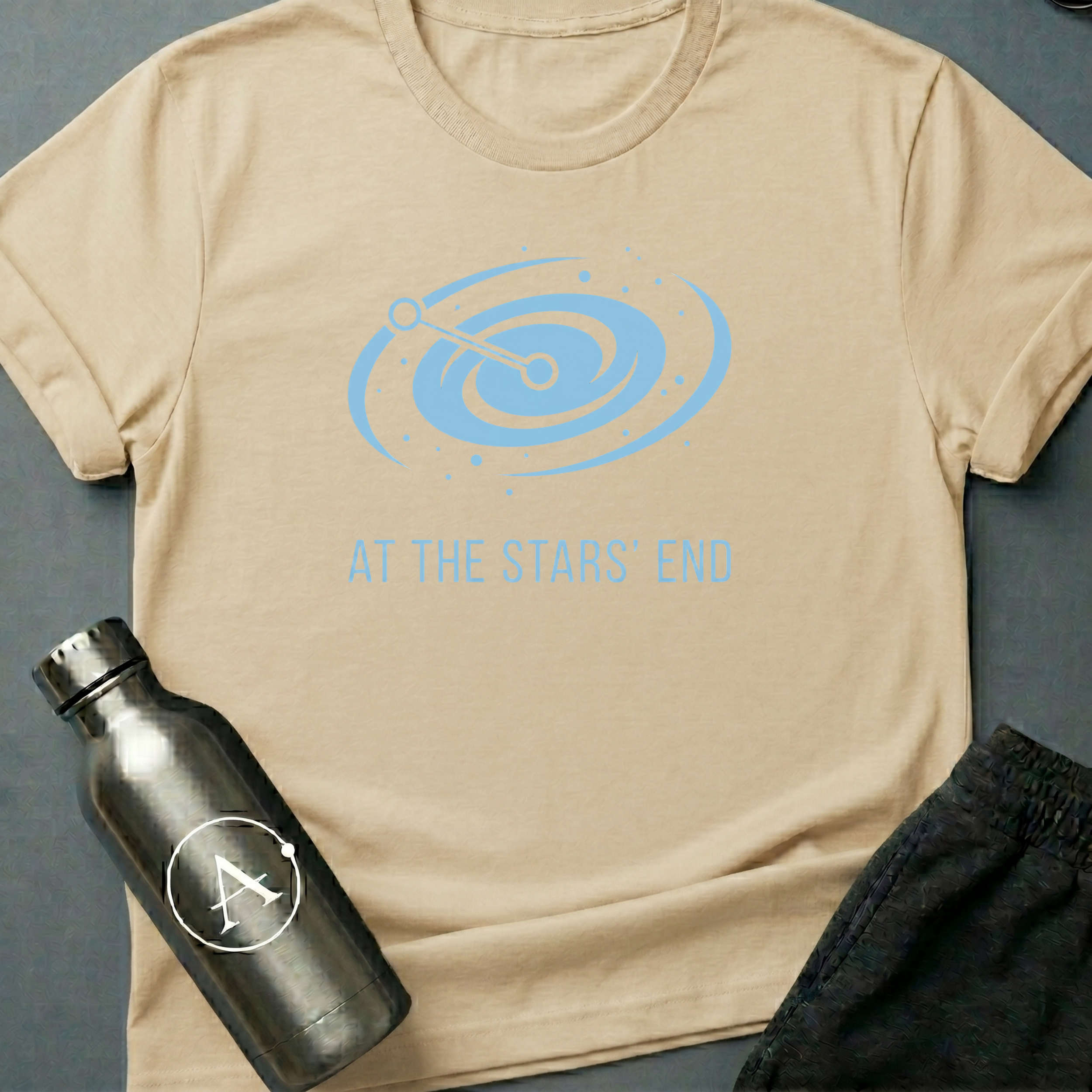 Always Somewhere Else sci-fi t-shirt — a galaxy spiral with two points connected at the far end of the map — Natural unisex tee — Apsion Outpost