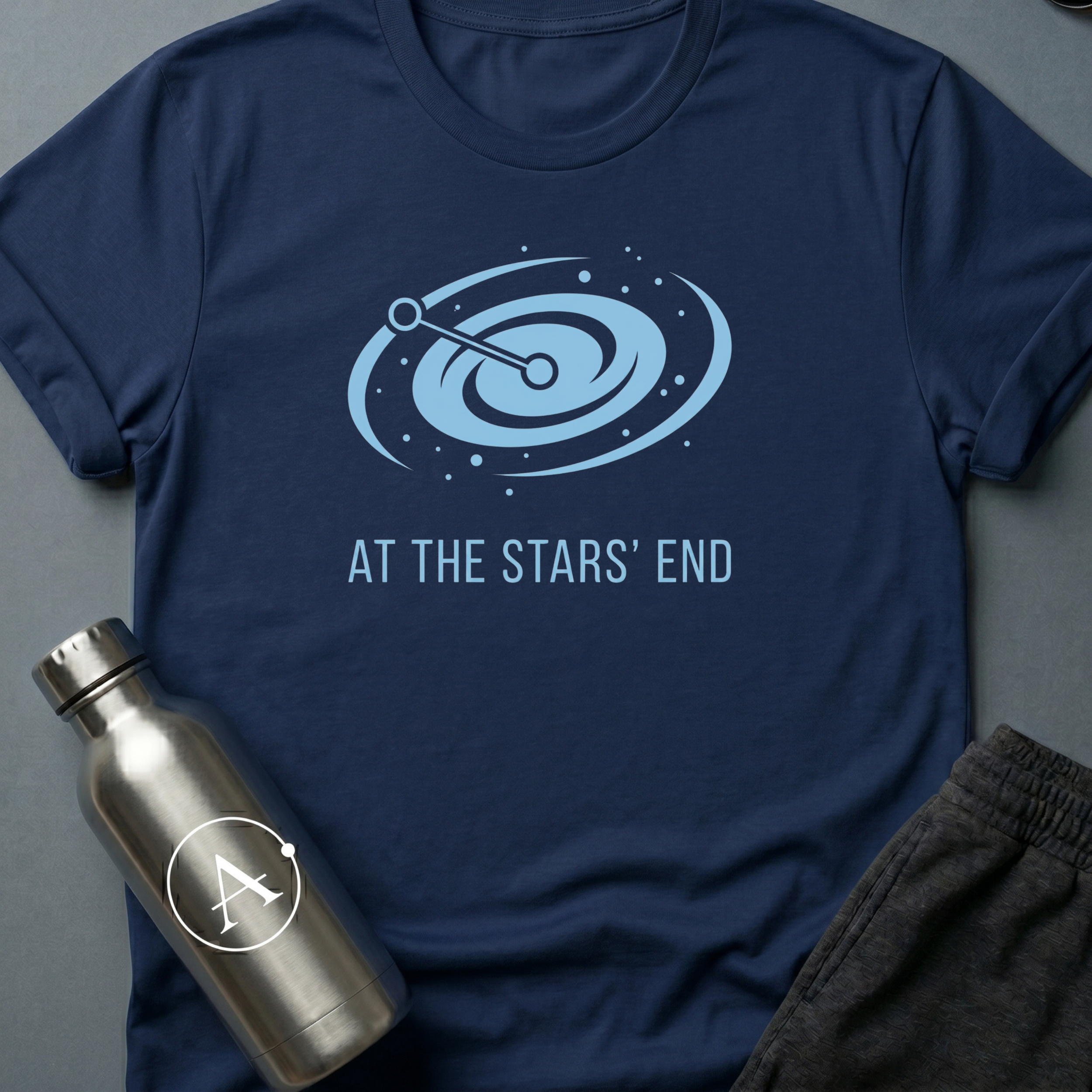 Always Somewhere Else sci-fi t-shirt — a galaxy spiral with two points connected at the far end of the map — Navy unisex tee — Apsion Outpost