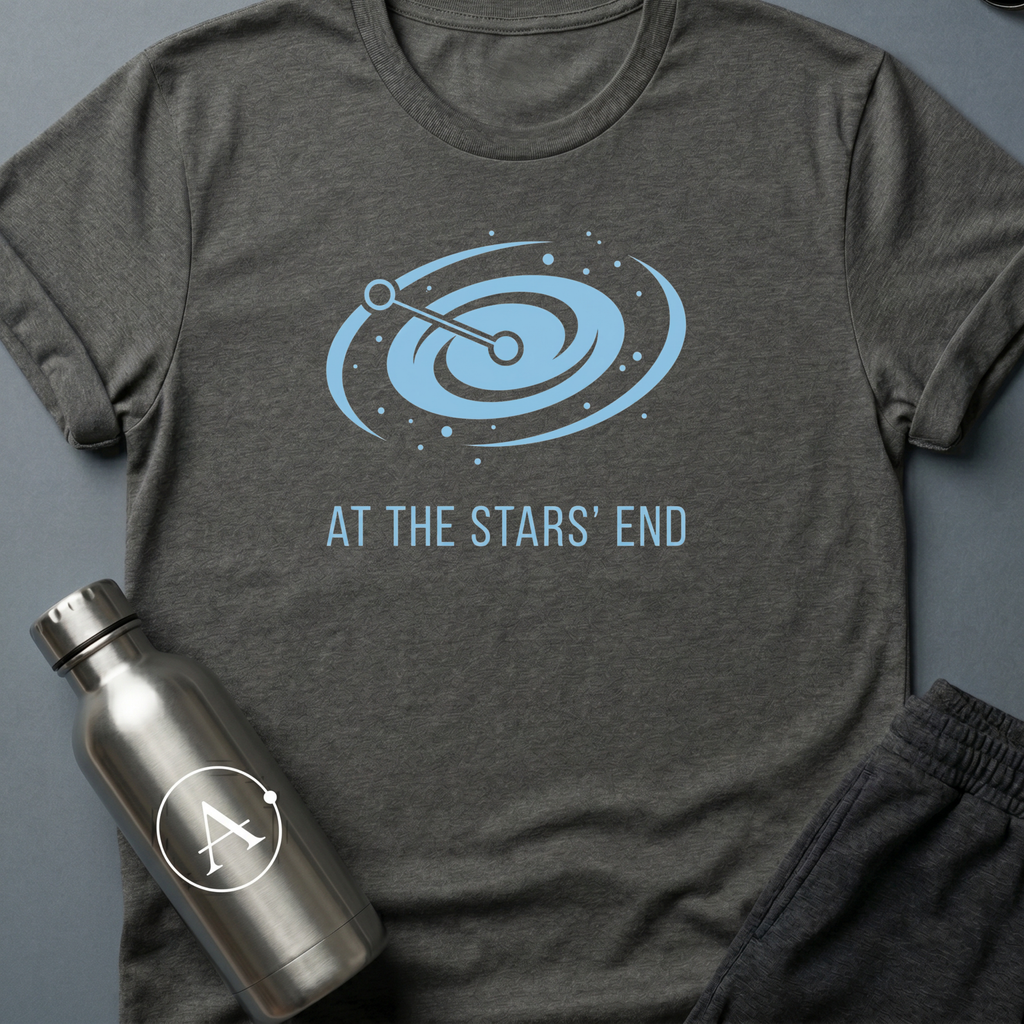 Always Somewhere Else sci-fi t-shirt — a galaxy spiral with two points connected at the far end of the map — Dark Heather unisex tee — Apsion Outpost