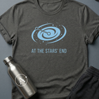 Always Somewhere Else sci-fi t-shirt — a galaxy spiral with two points connected at the far end of the map — Dark Heather unisex tee — Apsion Outpost