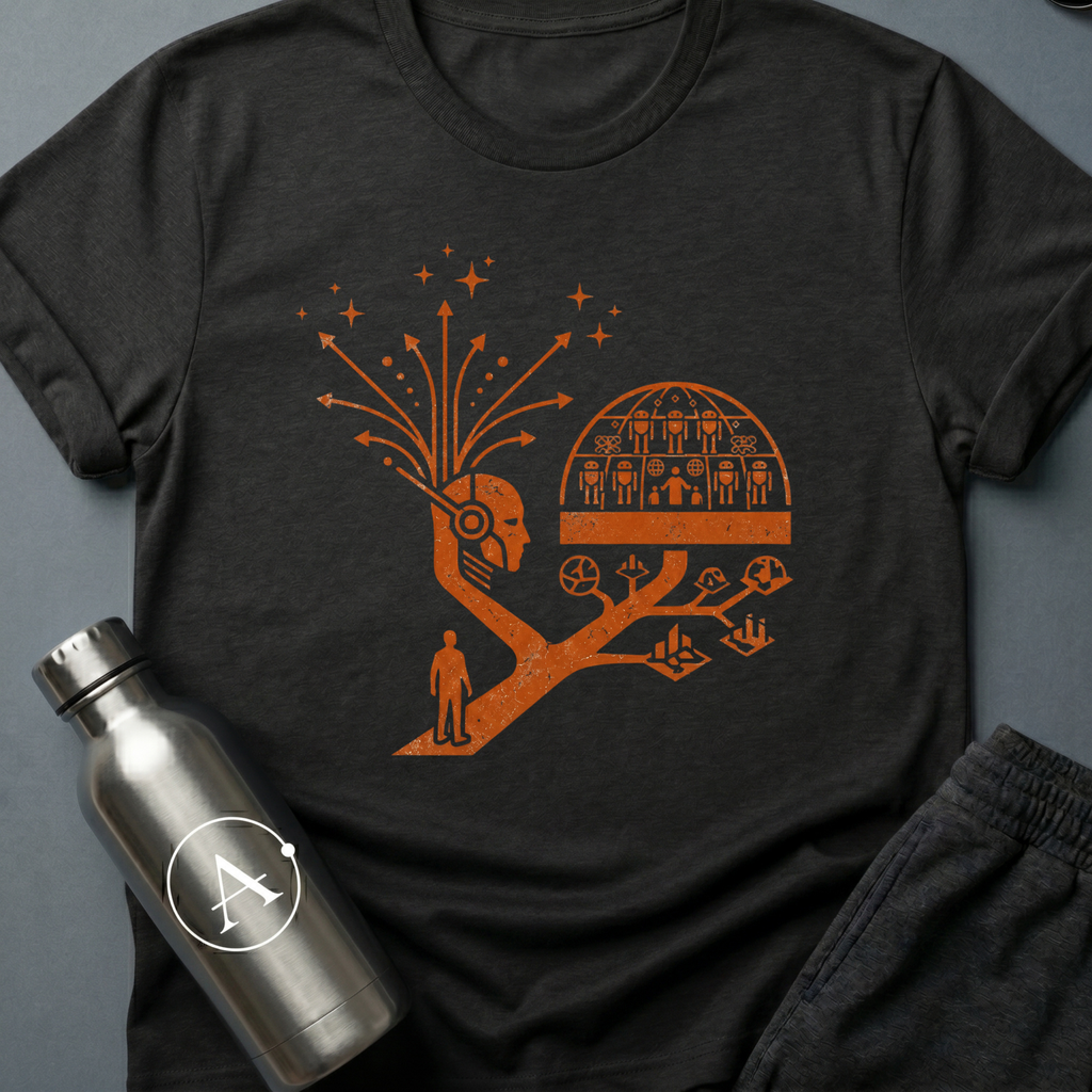 Branching Decisions sci-fi t-shirt — a thinker with futures branching out of the head like roots — Black unisex tee — Apsion Outpost