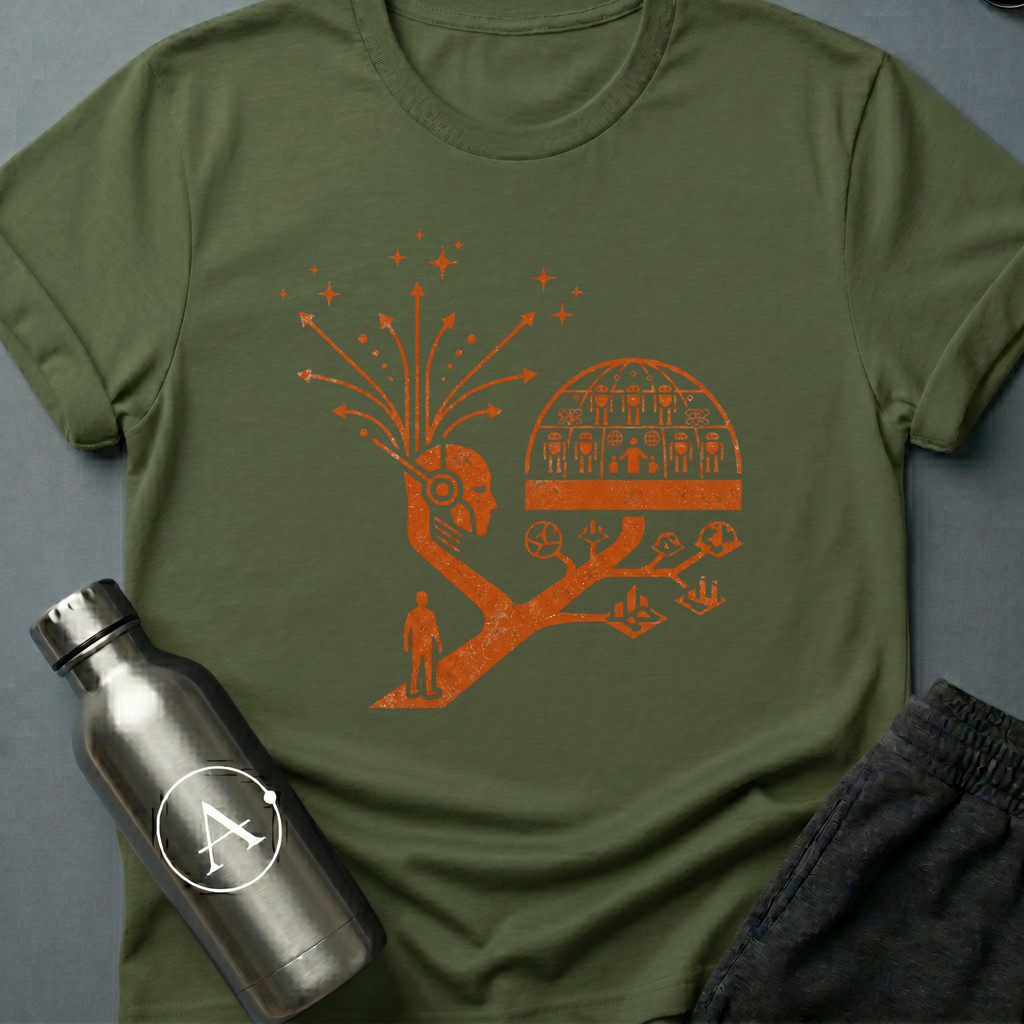 Branching Decisions sci-fi t-shirt — a thinker with futures branching out of the head like roots — Military Green unisex tee — Apsion Outpost