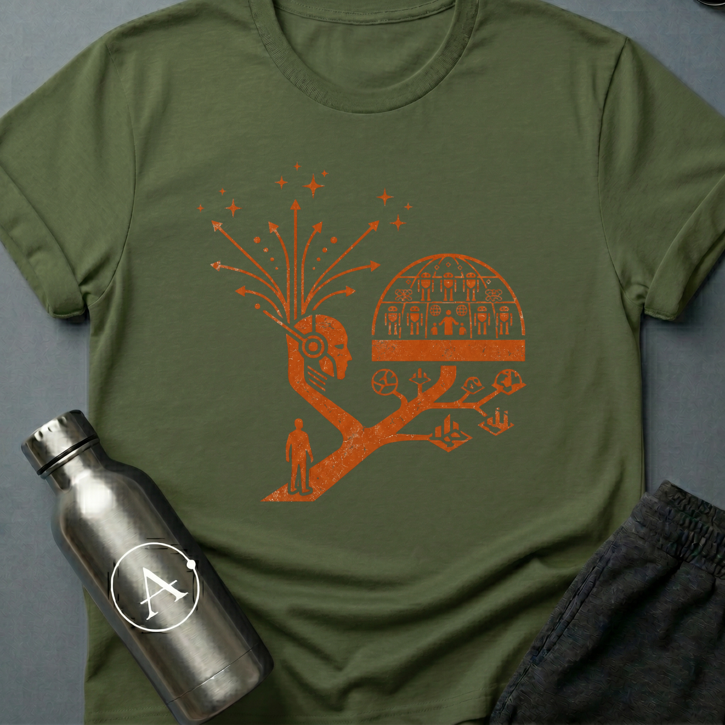 Branching Decisions sci-fi t-shirt — a thinker with futures branching out of the head like roots — Military Green unisex tee — Apsion Outpost