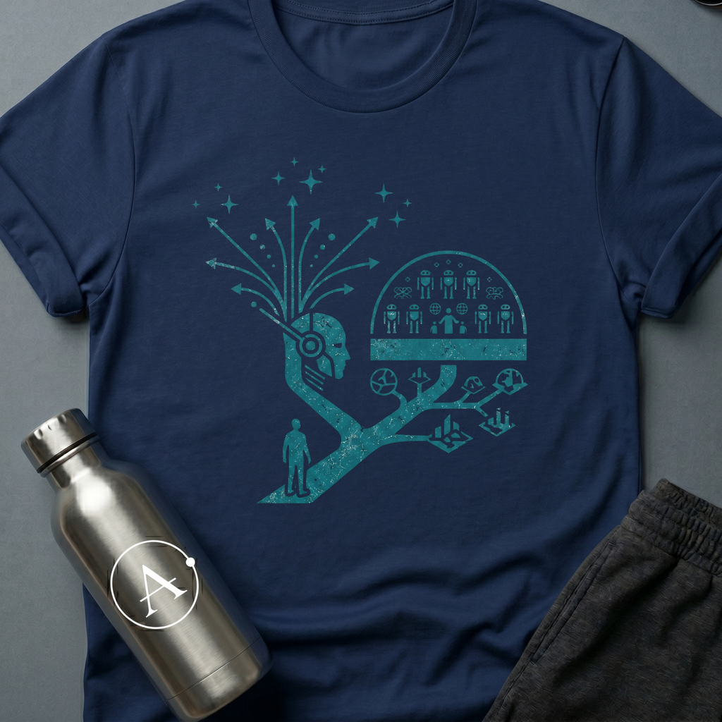 Branching Decisions sci-fi t-shirt — a thinker with futures branching out of the head like roots — Navy unisex tee — Apsion Outpost