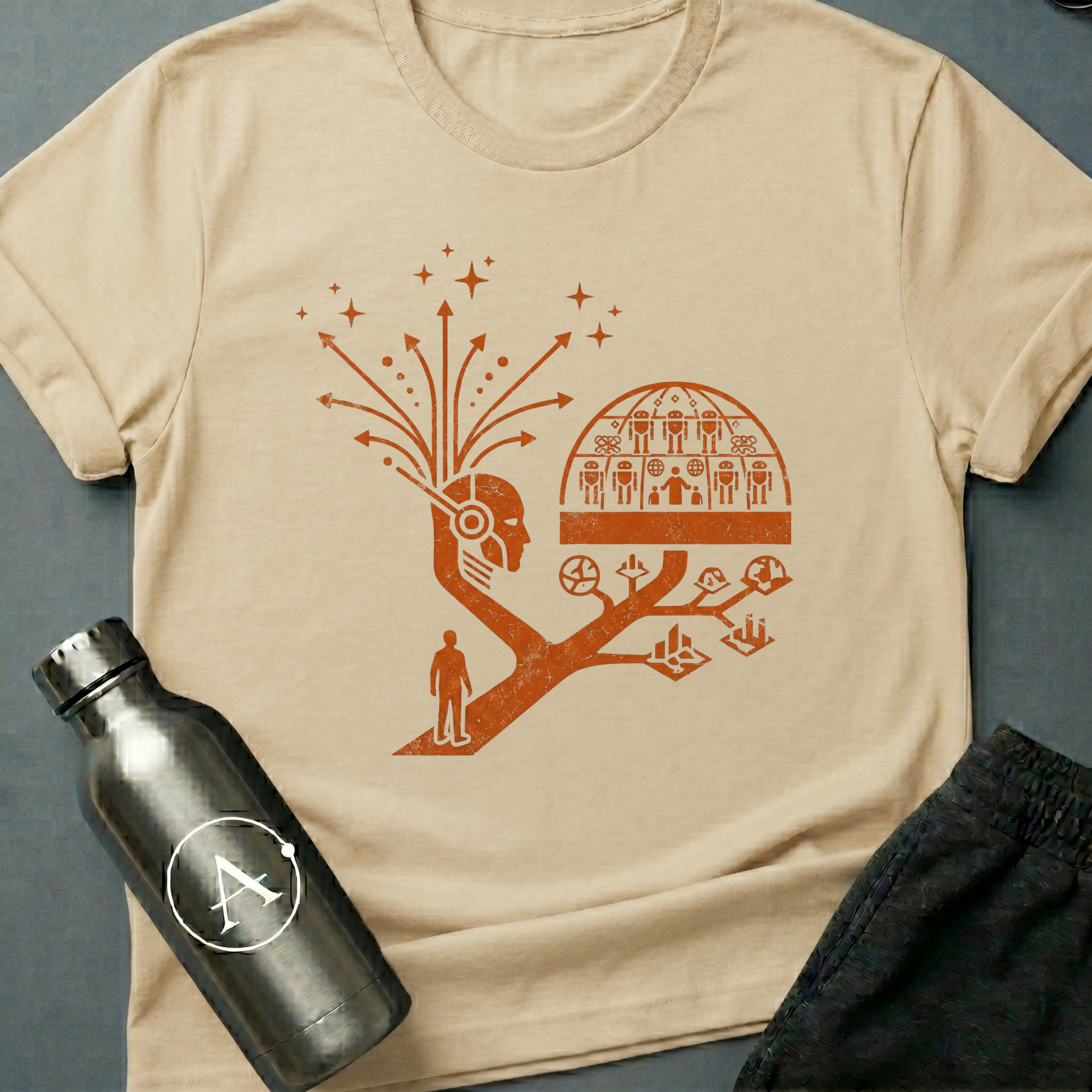 Branching Decisions sci-fi t-shirt — a thinker with futures branching out of the head like roots — Natural unisex tee — Apsion Outpost