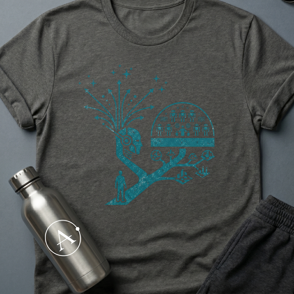 Branching Decisions sci-fi t-shirt — a thinker with futures branching out of the head like roots — Dark Heather unisex tee — Apsion Outpost