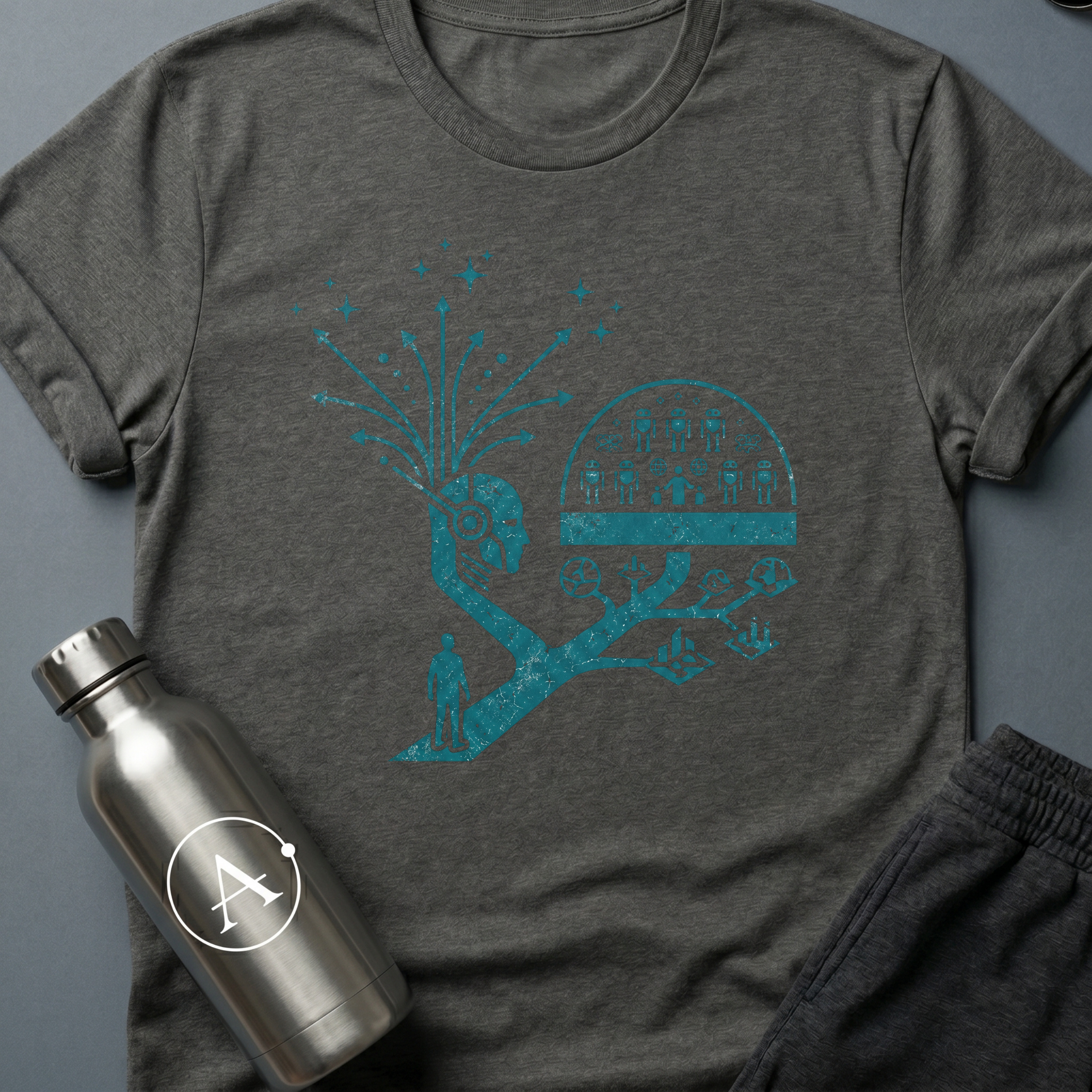 Branching Decisions sci-fi t-shirt — a thinker with futures branching out of the head like roots — Dark Heather unisex tee — Apsion Outpost