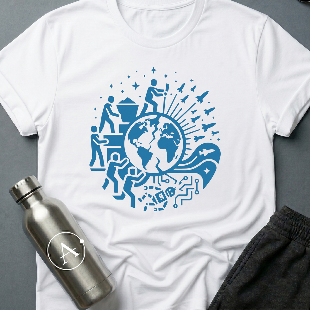 Exit Strategy sci-fi t-shirt — humanity boarding the rockets and leaving the broken machine behind — White unisex tee — Apsion Outpost