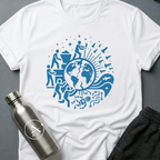 Exit Strategy sci-fi t-shirt — humanity boarding the rockets and leaving the broken machine behind — White unisex tee — Apsion Outpost