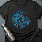 Exit Strategy sci-fi t-shirt — humanity boarding the rockets and leaving the broken machine behind — Black unisex tee — Apsion Outpost