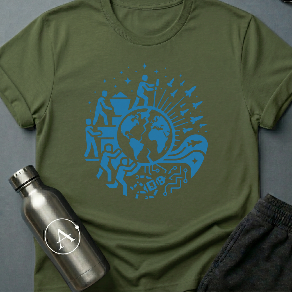 Exit Strategy sci-fi t-shirt — humanity boarding the rockets and leaving the broken machine behind — Military Green unisex tee — Apsion Outpost