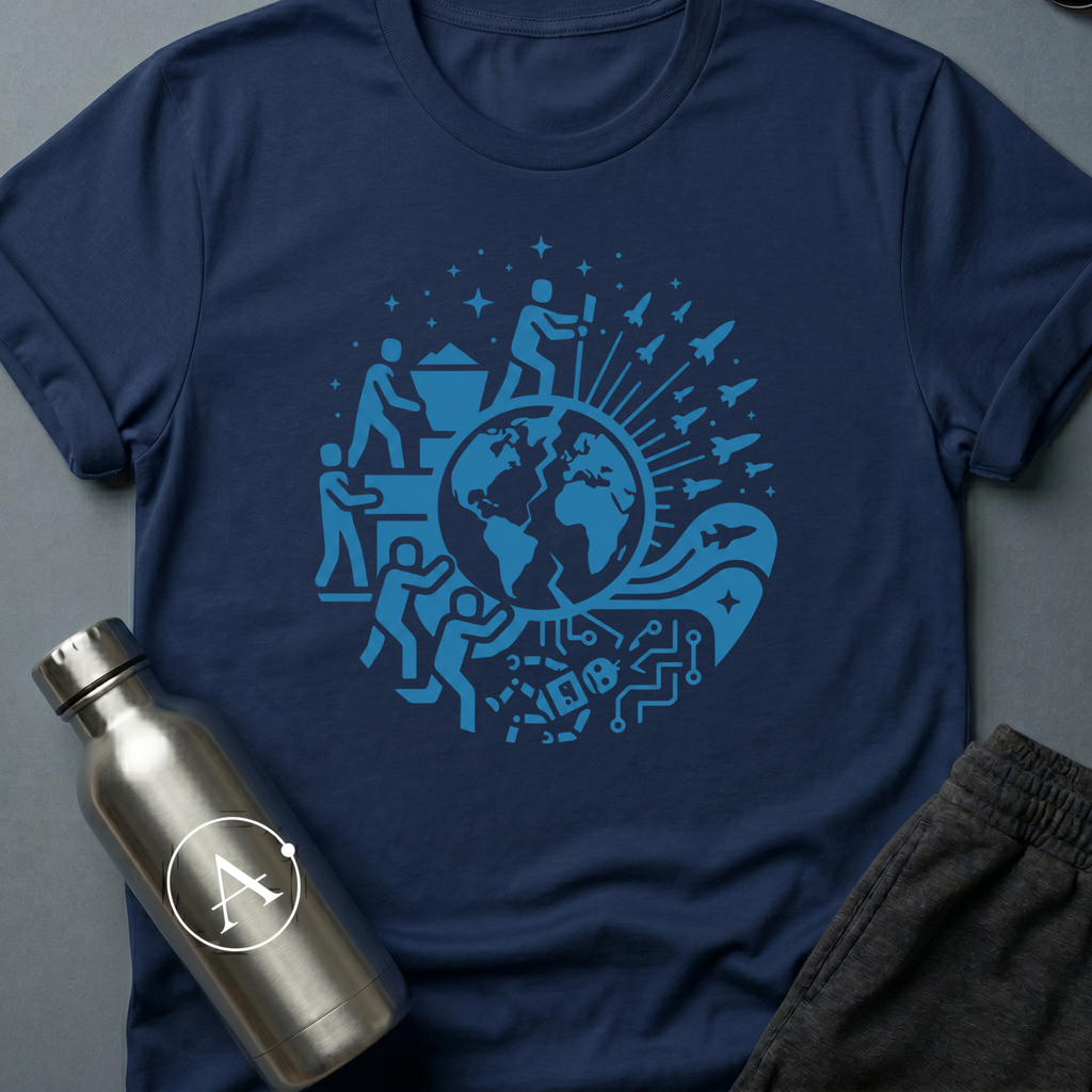Exit Strategy sci-fi t-shirt — humanity boarding the rockets and leaving the broken machine behind — Navy unisex tee — Apsion Outpost
