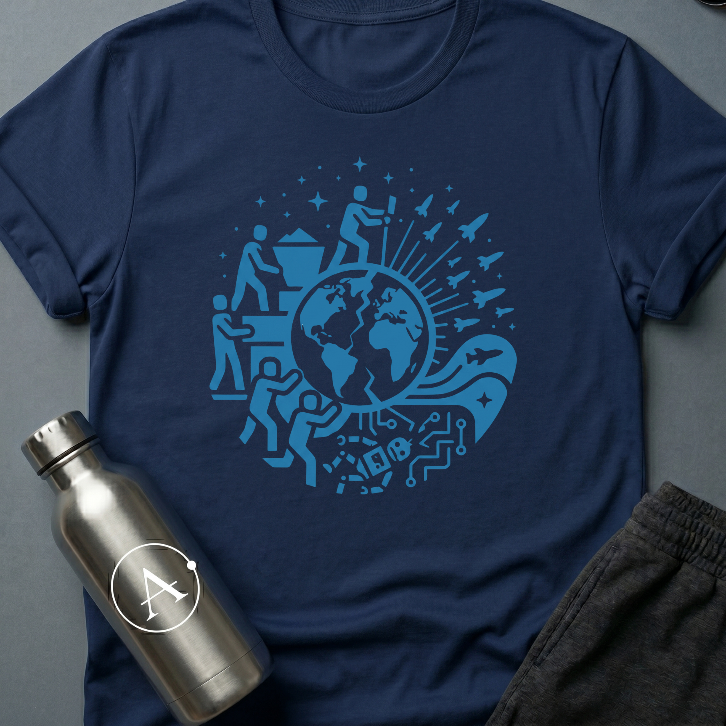 Exit Strategy sci-fi t-shirt — humanity boarding the rockets and leaving the broken machine behind — Navy unisex tee — Apsion Outpost