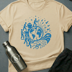 Exit Strategy sci-fi t-shirt — humanity boarding the rockets and leaving the broken machine behind — Natural unisex tee — Apsion Outpost