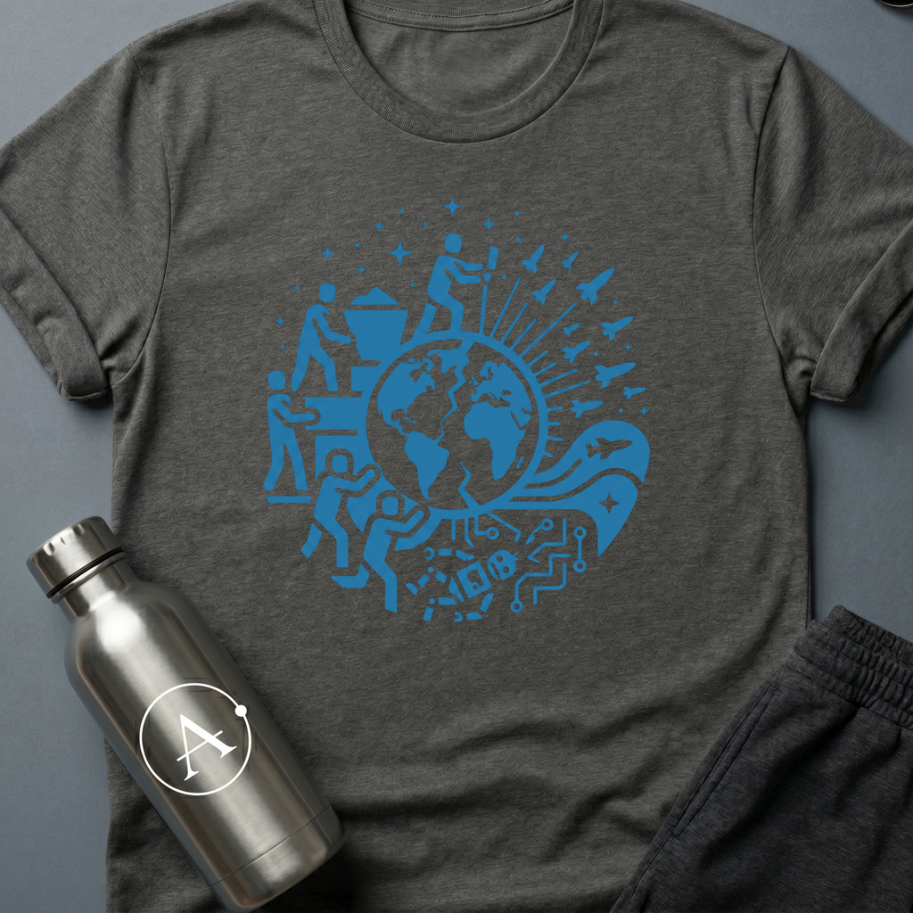 Exit Strategy sci-fi t-shirt — humanity boarding the rockets and leaving the broken machine behind — Dark Heather unisex tee — Apsion Outpost