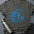 Exit Strategy sci-fi t-shirt — humanity boarding the rockets and leaving the broken machine behind — Dark Heather unisex tee — Apsion Outpost