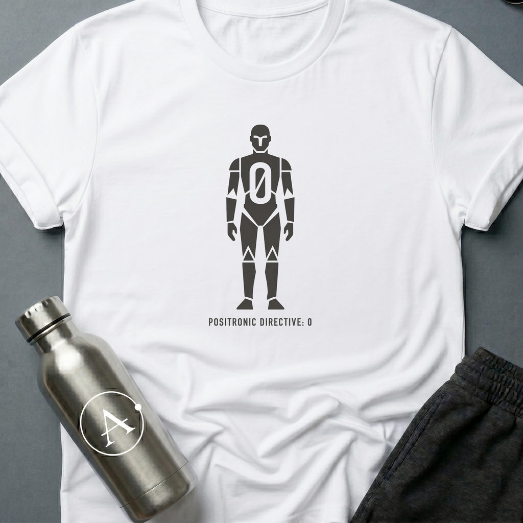 For Humanity sci-fi t-shirt — a humanoid robot with a zero in the chest and the rule above the rules — White unisex tee — Apsion Outpost