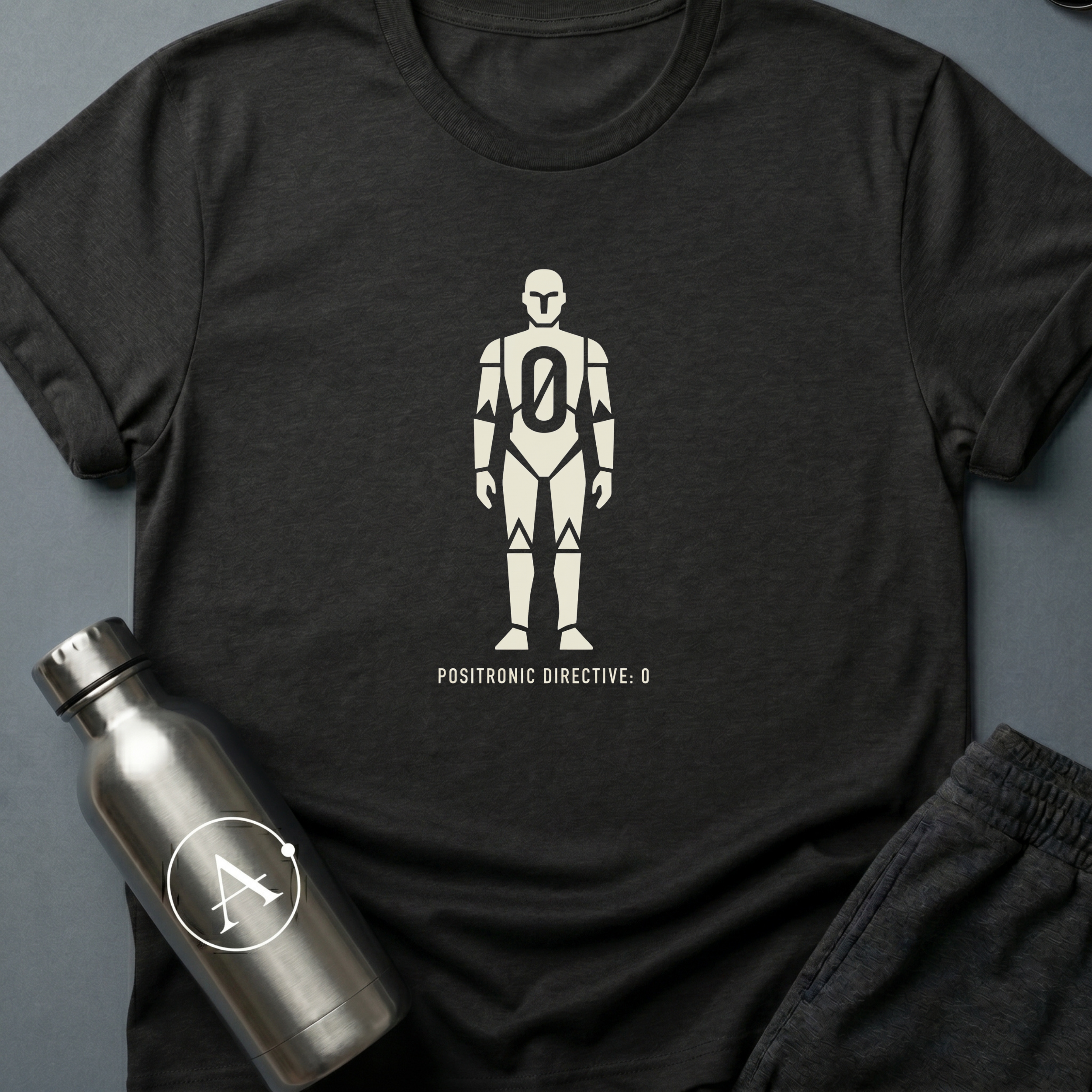For Humanity sci-fi t-shirt — a humanoid robot with a zero in the chest and the rule above the rules — Black unisex tee — Apsion Outpost