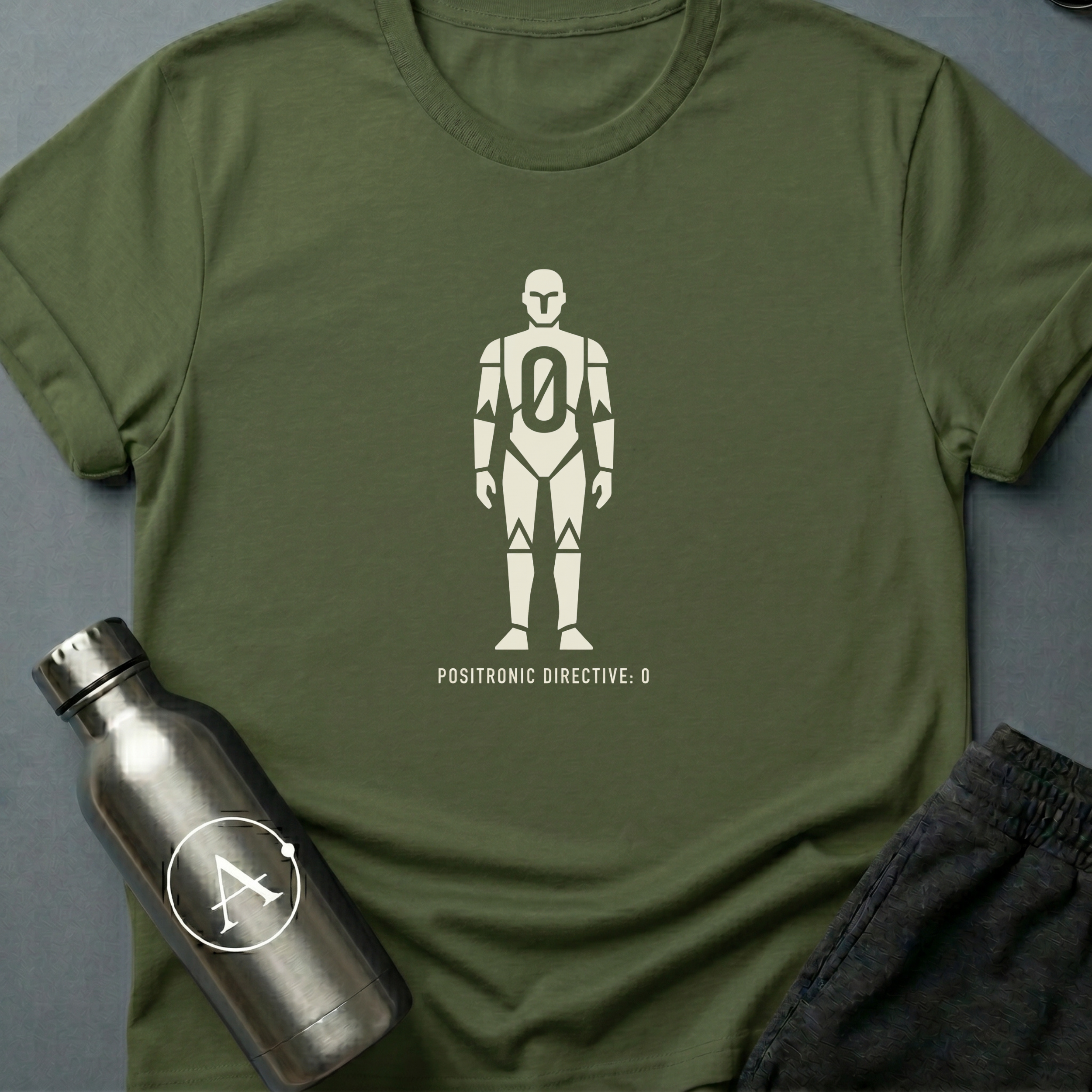 For Humanity sci-fi t-shirt — a humanoid robot with a zero in the chest and the rule above the rules — Military Green unisex tee — Apsion Outpost