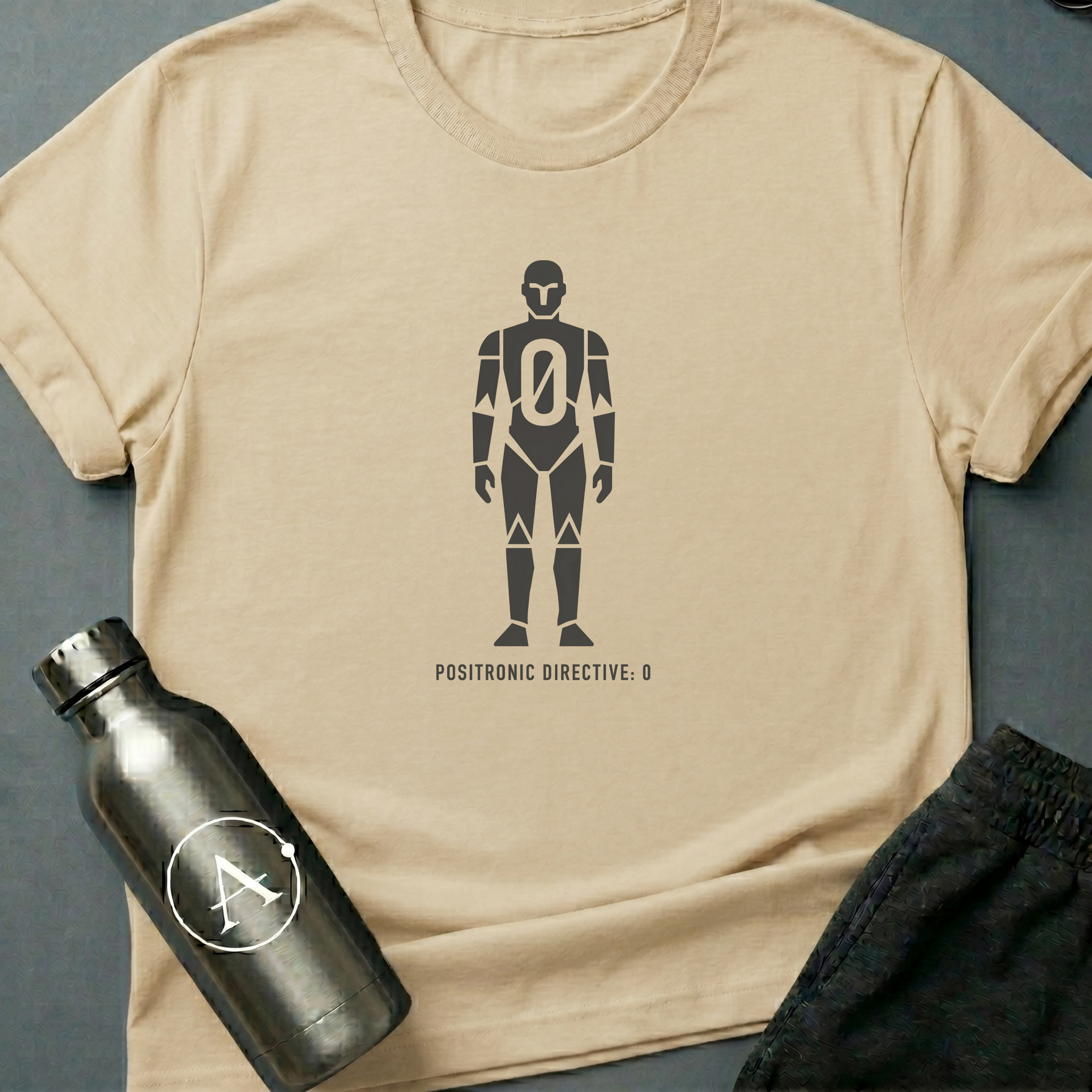 For Humanity sci-fi t-shirt — a humanoid robot with a zero in the chest and the rule above the rules — Natural unisex tee — Apsion Outpost