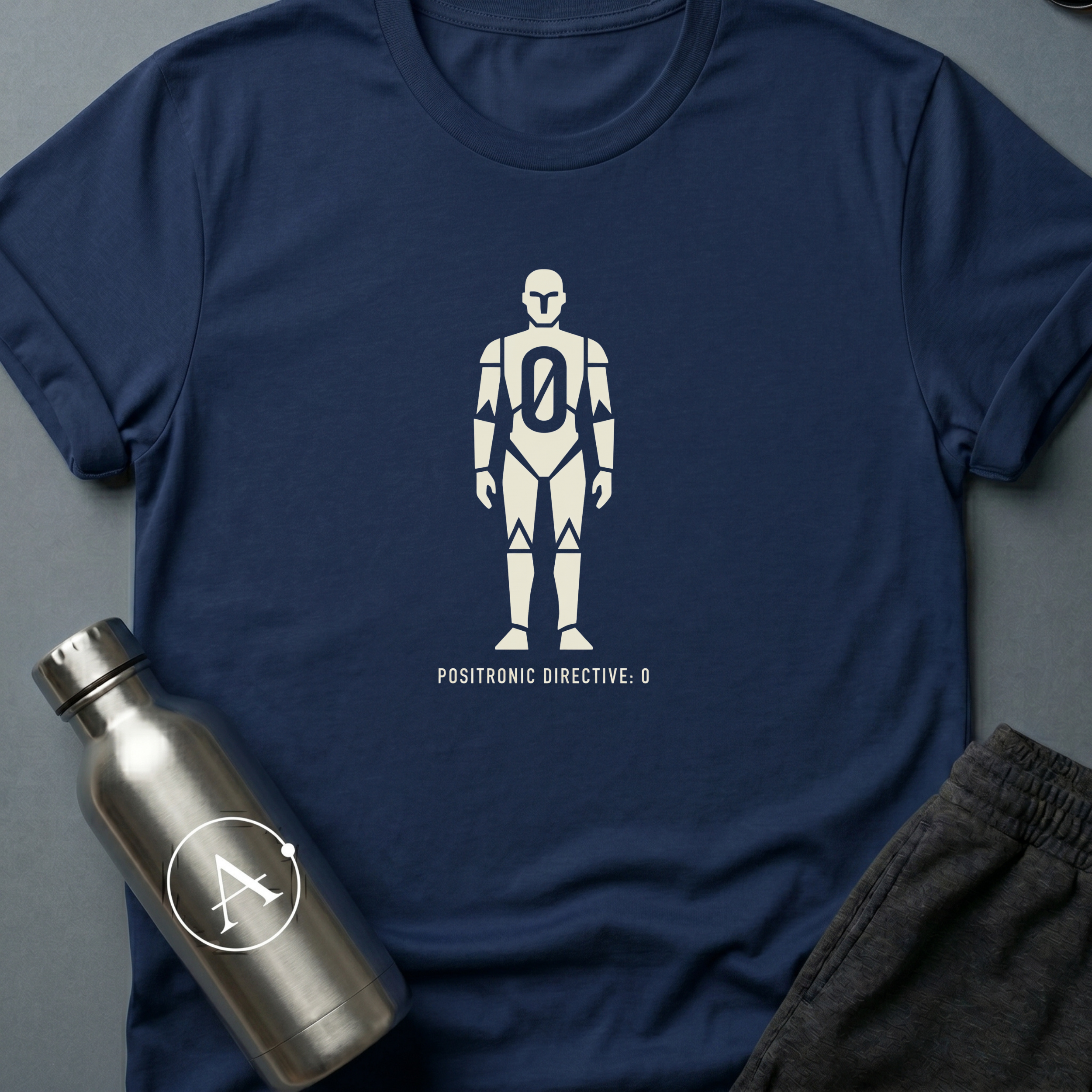 For Humanity sci-fi t-shirt — a humanoid robot with a zero in the chest and the rule above the rules — Navy unisex tee — Apsion Outpost
