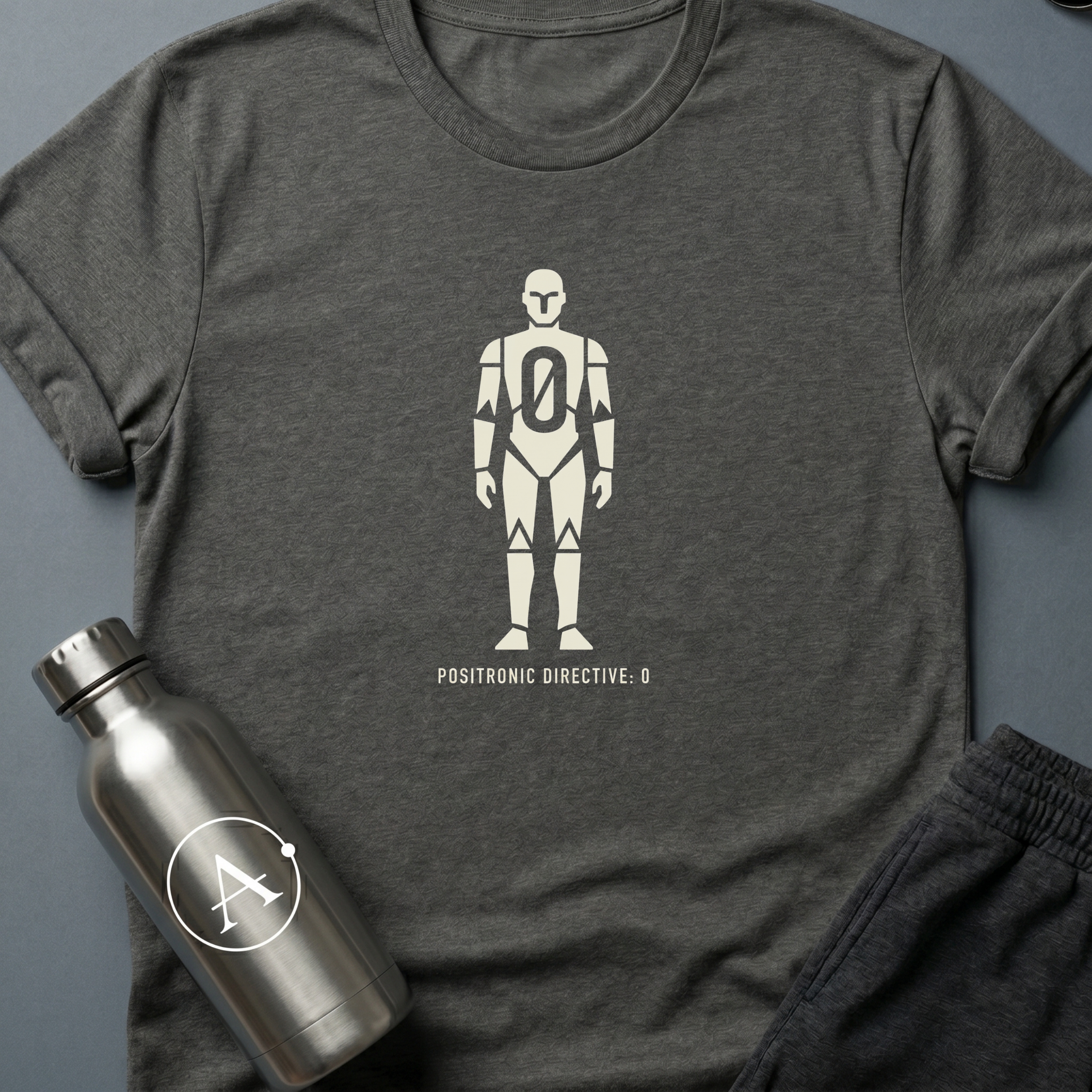 For Humanity sci-fi t-shirt — a humanoid robot with a zero in the chest and the rule above the rules — Dark Heather unisex tee — Apsion Outpost