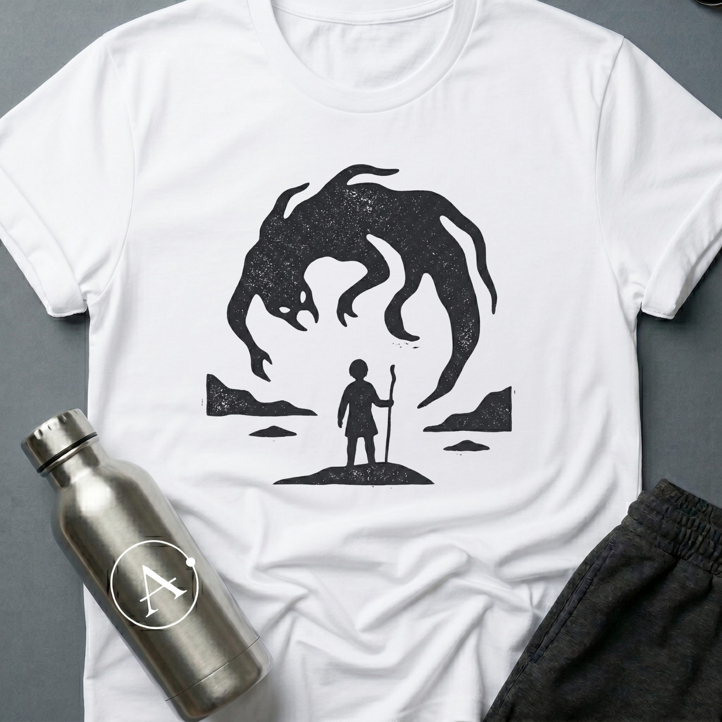 Holding The Line sci-fi t-shirt — a small figure with a staff calmly facing a giant looming creature — White unisex tee — Apsion Outpost