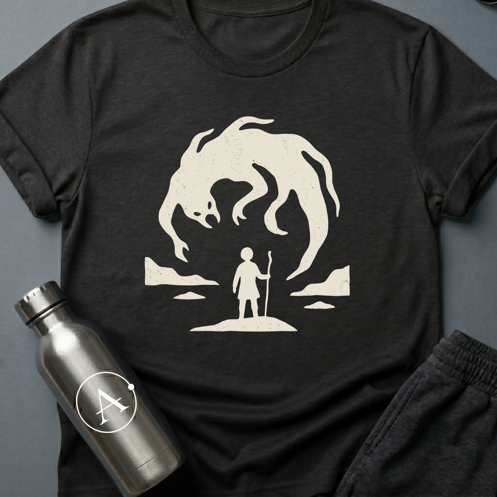 Holding The Line sci-fi t-shirt — a small figure with a staff calmly facing a giant looming creature — Black unisex tee — Apsion Outpost