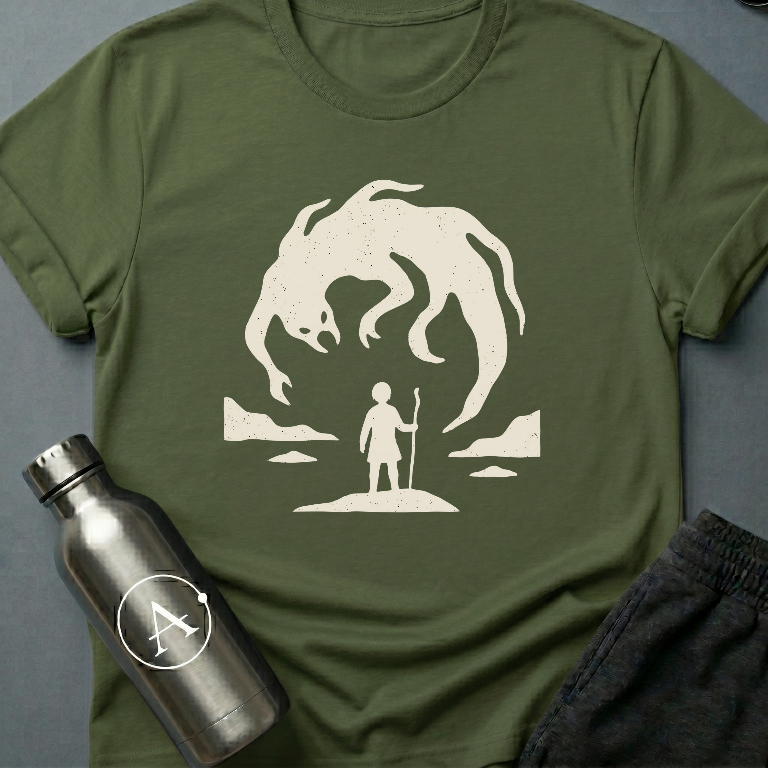 Holding The Line sci-fi t-shirt — a small figure with a staff calmly facing a giant looming creature — Military Green unisex tee — Apsion Outpost