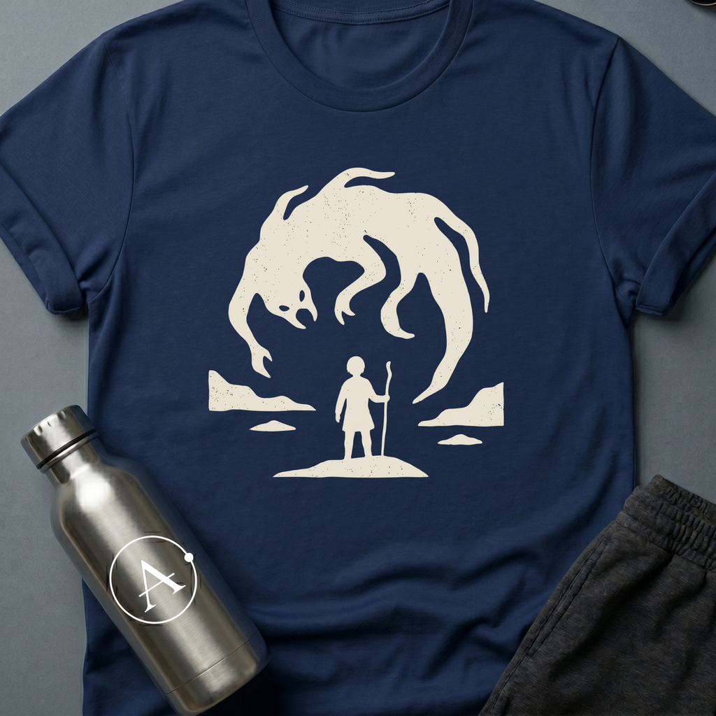 Holding The Line sci-fi t-shirt — a small figure with a staff calmly facing a giant looming creature — Navy unisex tee — Apsion Outpost