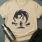 Holding The Line sci-fi t-shirt — a small figure with a staff calmly facing a giant looming creature — Natural unisex tee — Apsion Outpost
