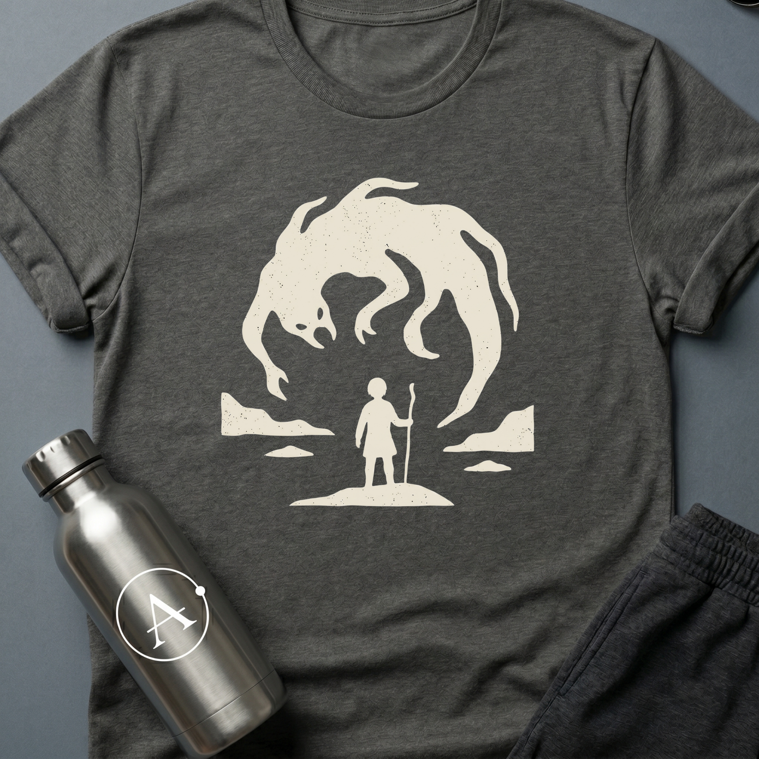 Holding The Line sci-fi t-shirt — a small figure with a staff calmly facing a giant looming creature — Dark Heather unisex tee — Apsion Outpost