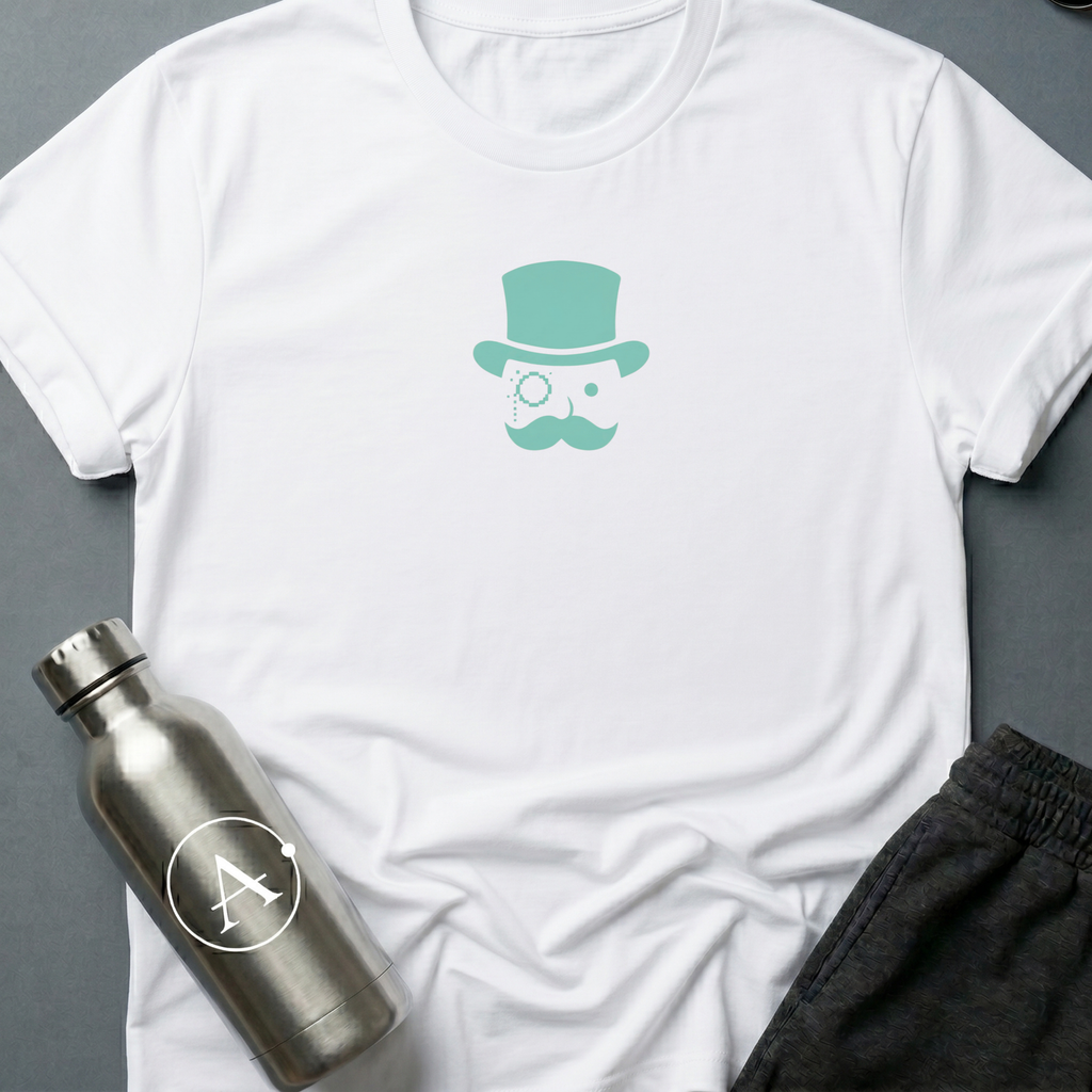 Glitched Gent sci-fi t-shirt — a pixel-corrupted Victorian gentleman with monocle and top hat — White unisex tee — Apsion Outpost