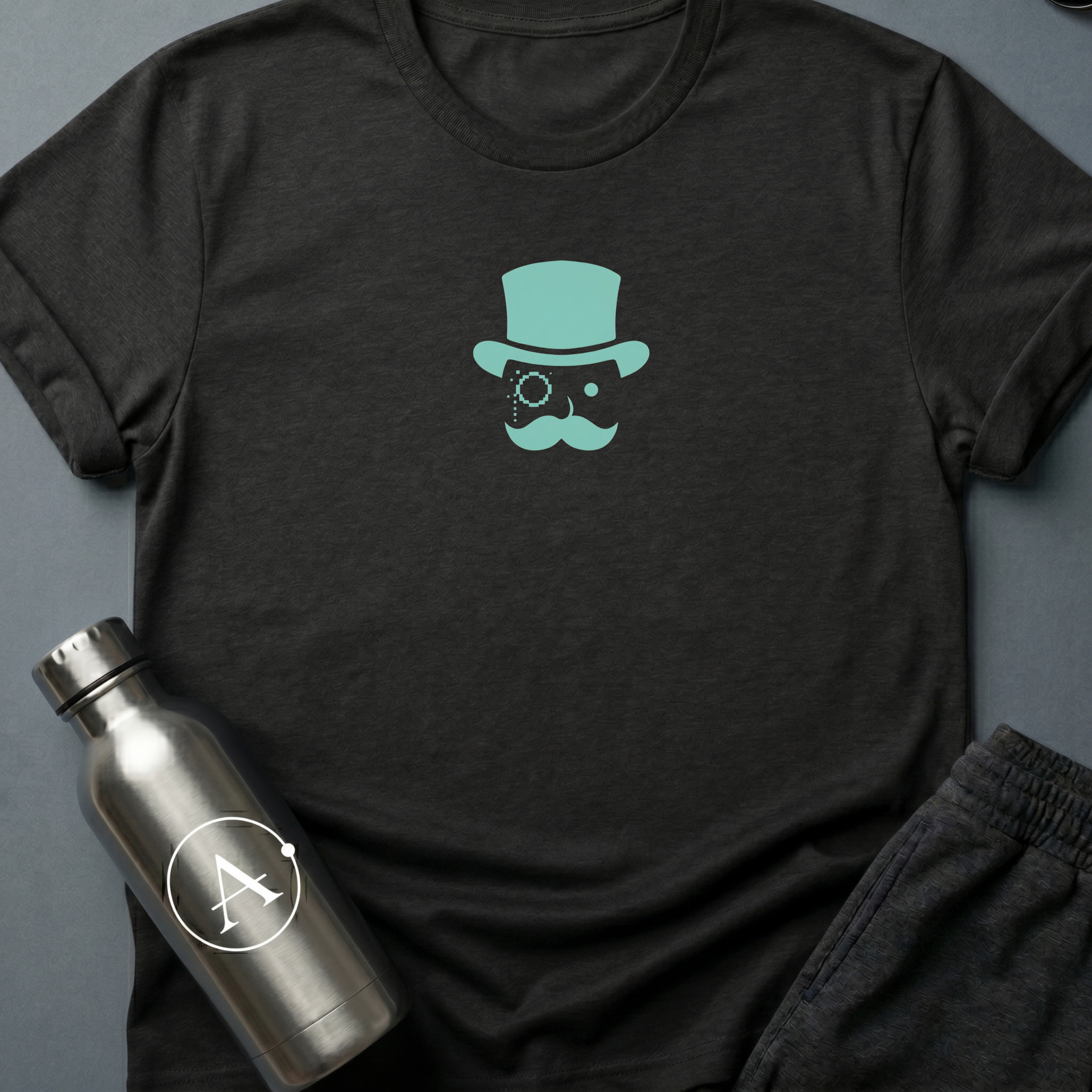 Glitched Gent sci-fi t-shirt — a pixel-corrupted Victorian gentleman with monocle and top hat — Black unisex tee — Apsion Outpost