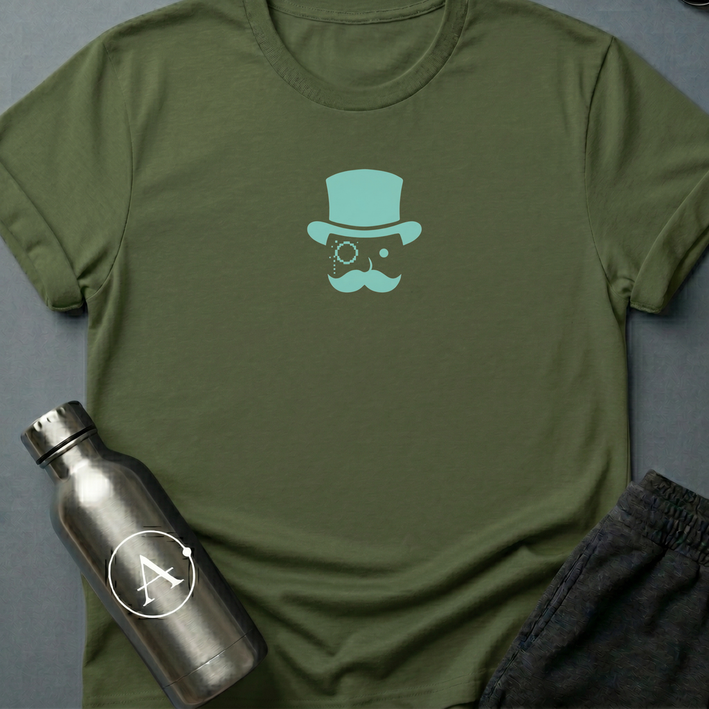 Glitched Gent sci-fi t-shirt — a pixel-corrupted Victorian gentleman with monocle and top hat — Military Green unisex tee — Apsion Outpost