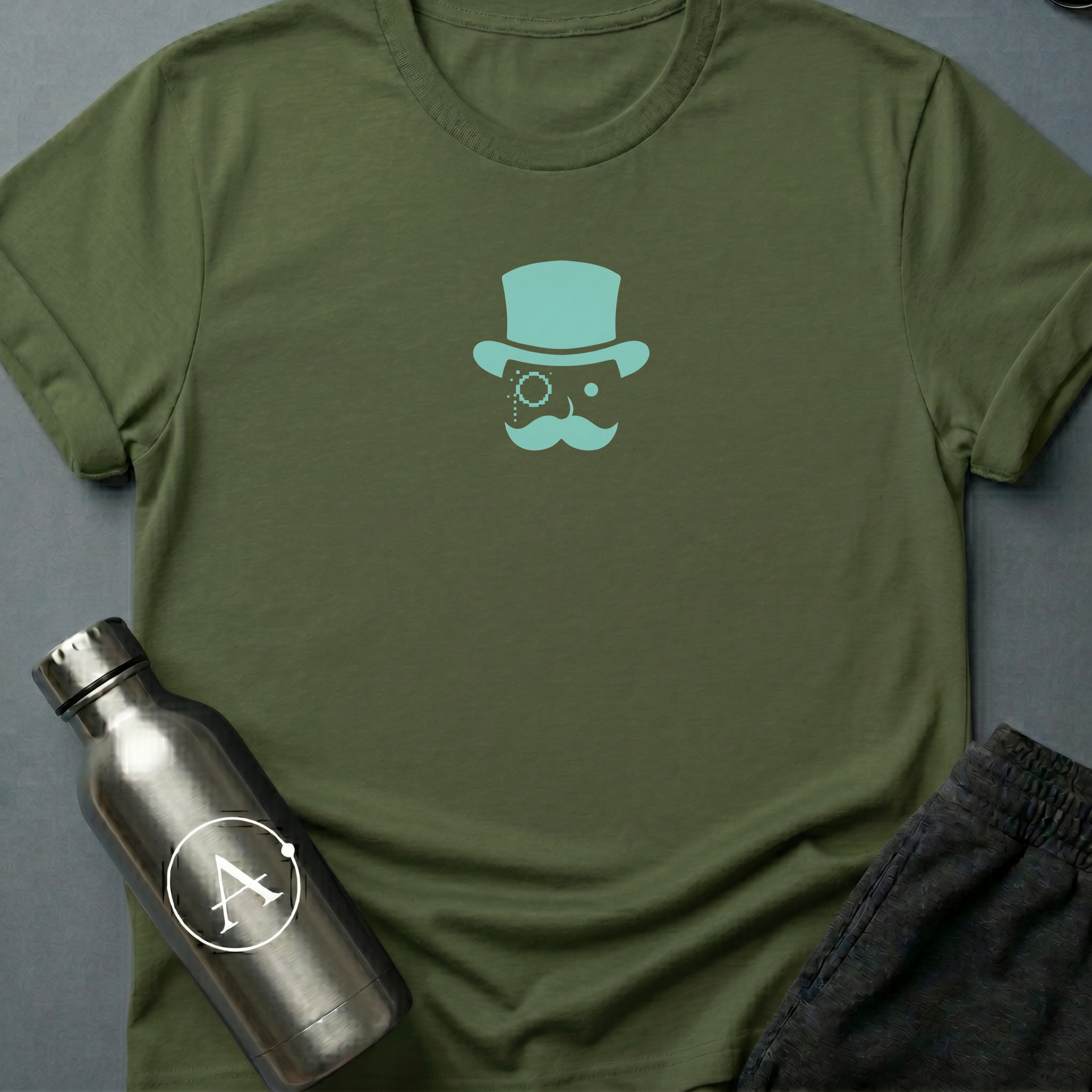 Glitched Gent sci-fi t-shirt — a pixel-corrupted Victorian gentleman with monocle and top hat — Military Green unisex tee — Apsion Outpost