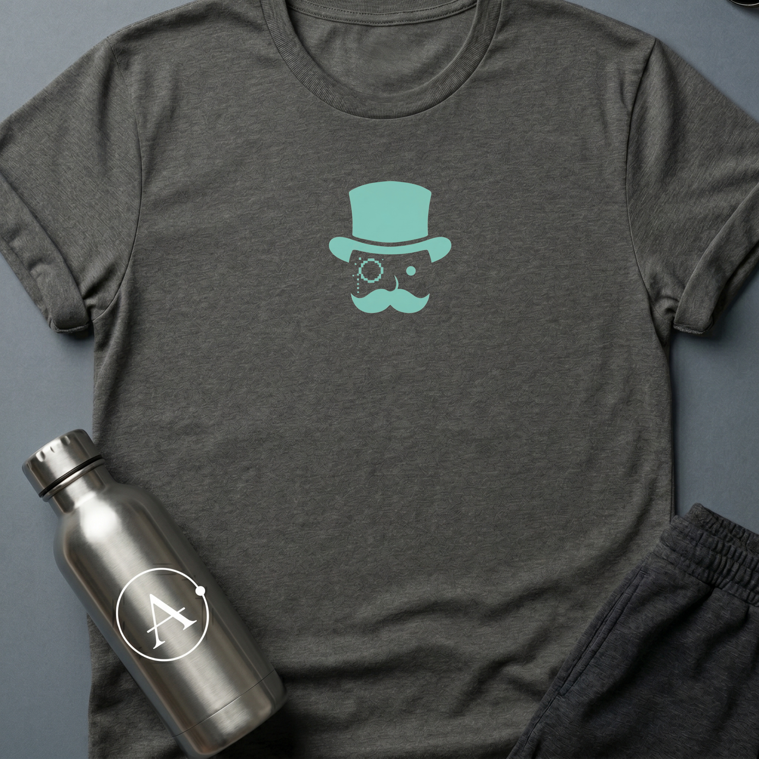 Glitched Gent sci-fi t-shirt — a pixel-corrupted Victorian gentleman with monocle and top hat — Dark Heather unisex tee — Apsion Outpost