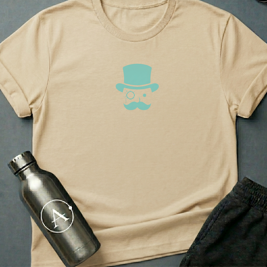 Glitched Gent sci-fi t-shirt — a pixel-corrupted Victorian gentleman with monocle and top hat — Natural unisex tee — Apsion Outpost