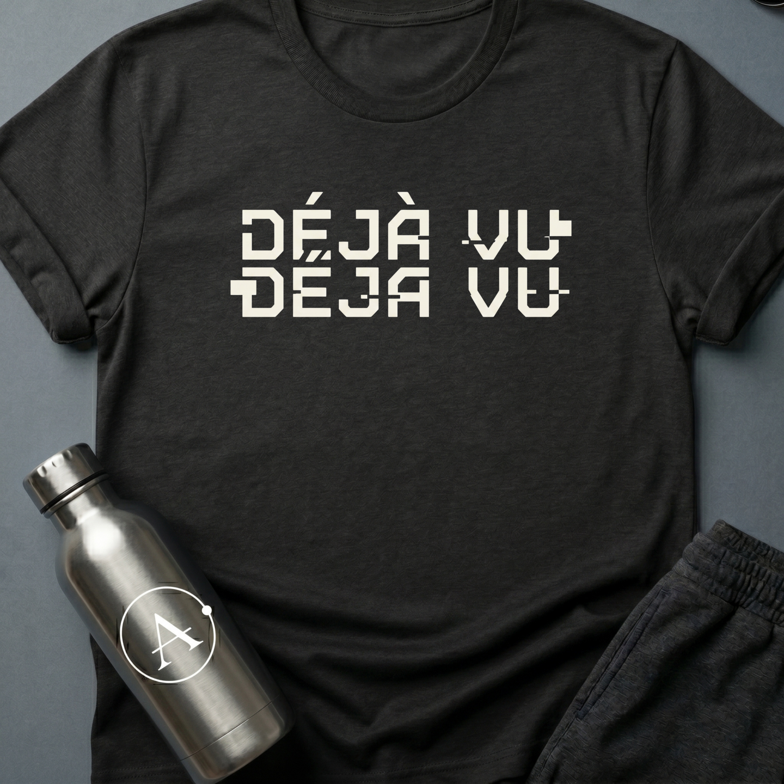 Felt this Before sci-fi t-shirt — the words déjà vu repeated twice with one inversion, a tiny rerun joke in type — Black unisex tee — Apsion Outpost