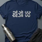Felt this Before sci-fi t-shirt — the words déjà vu repeated twice with one inversion, a tiny rerun joke in type — Navy unisex tee — Apsion Outpost