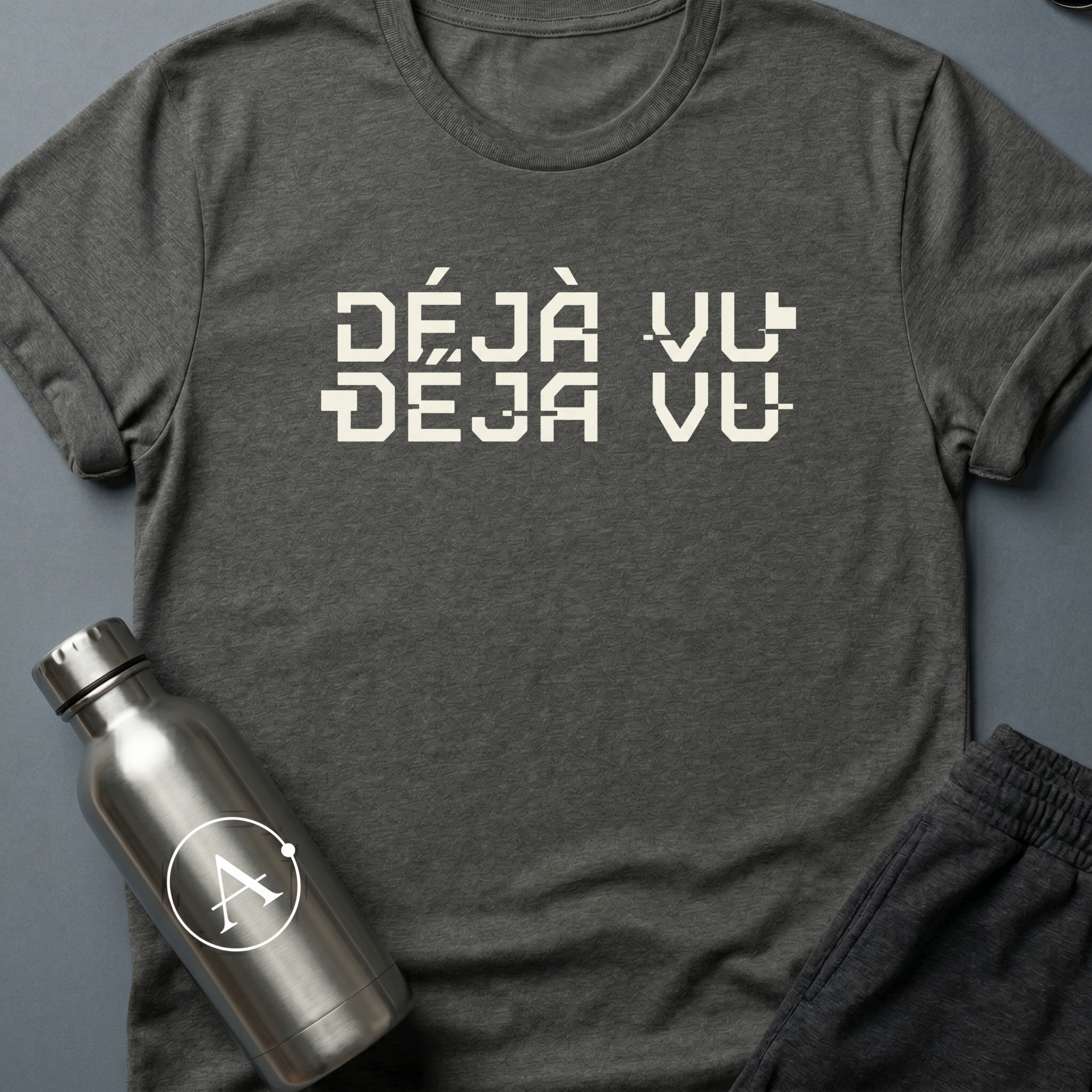 Felt this Before sci-fi t-shirt — the words déjà vu repeated twice with one inversion, a tiny rerun joke in type — Dark Heather unisex tee — Apsion Outpost