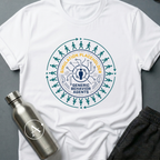 Background Cast sci-fi t-shirt — NPC figures walking a clean loop around a single rendered character — White unisex tee — Apsion Outpost