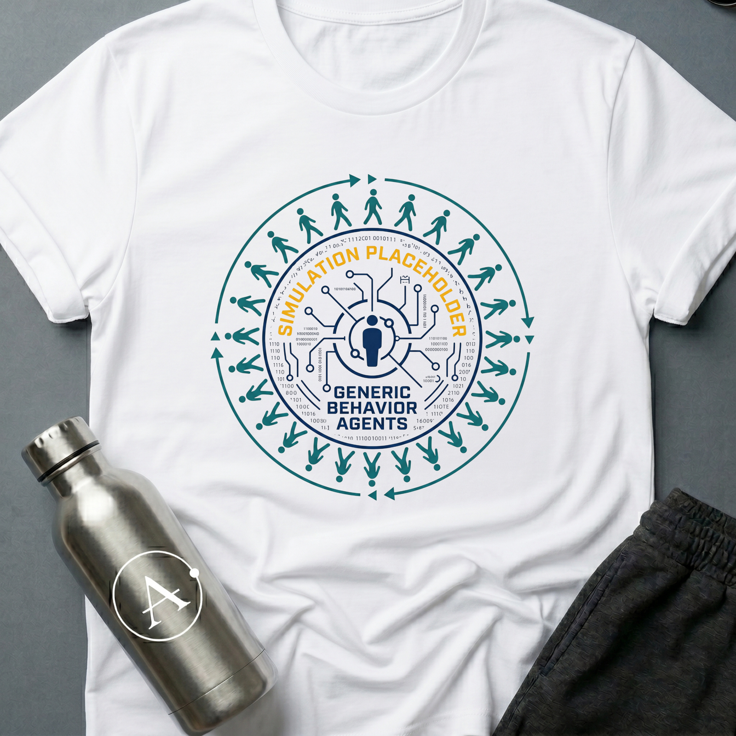 Background Cast sci-fi t-shirt — NPC figures walking a clean loop around a single rendered character — White unisex tee — Apsion Outpost