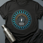 Background Cast sci-fi t-shirt — NPC figures walking a clean loop around a single rendered character — Black unisex tee — Apsion Outpost